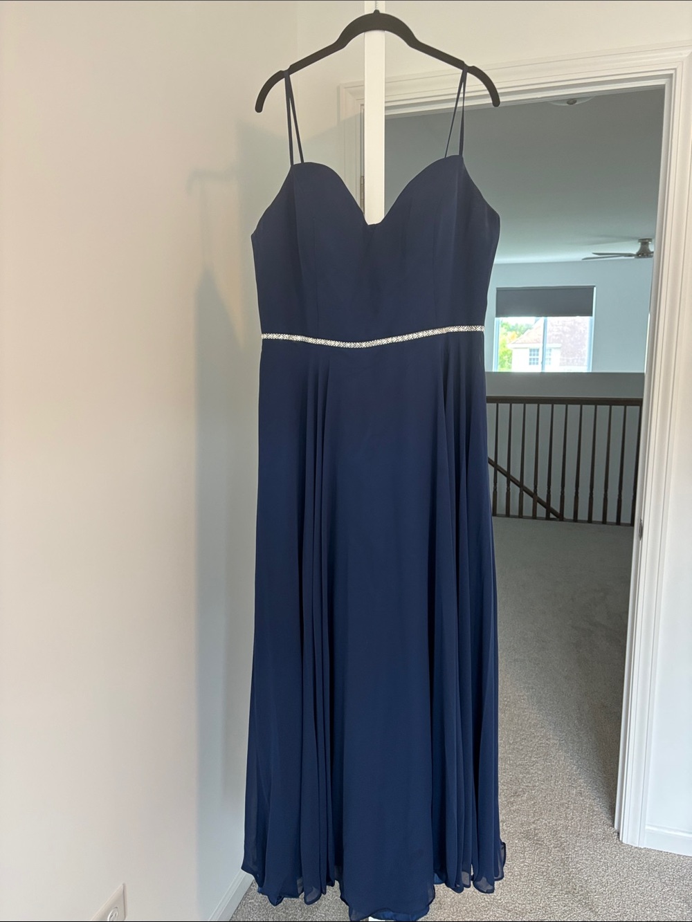 Navy Spaghetti-Strap Evening Dress with Rhinestone Waist